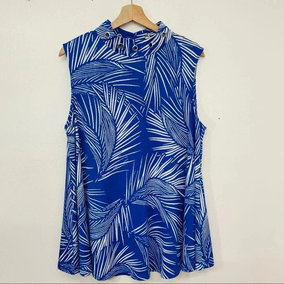 Ashley Stewart Top Woman 18/20 Blue White Print‎ Studs Moto Stretch Flowy Boho - Picture 1 of 12